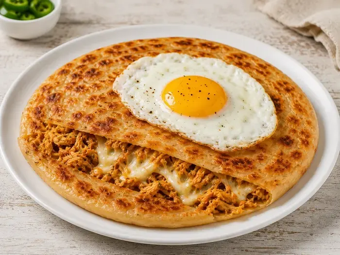 Chicken cheese paratha topped with fried egg