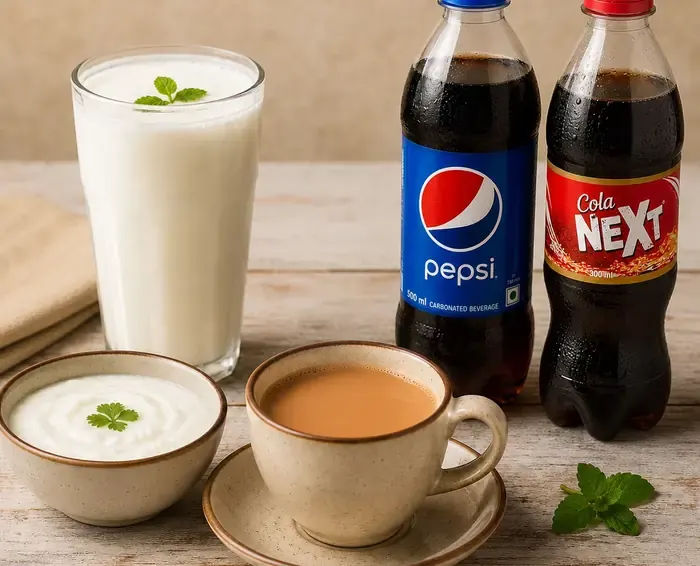 Sides and drinks with lassi glass, dahi bowl, tea, Pepsi bottle and Next Cola bottle